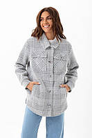 Пальто - рубашка женское, эко альпака, оверсайз, демисезонное, клетчатое, в клетку, черно - белое, 42