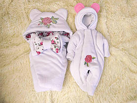 Демісезонний махровий комплект для новонароджених, вишивка трояндочка