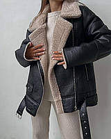 Жіноча чорна дублянка косуха авіатор з бежевим хутром