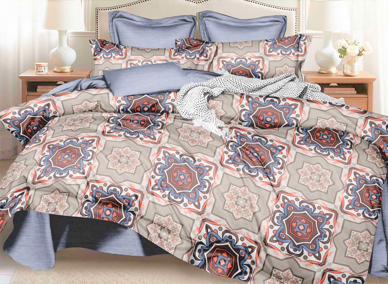 Постільна білизна Королева Ночі (Ранфорс) | Євро комплект | 50х70 | Орнамент на бежевому та блакитному, фото 1