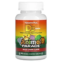 NaturesPlus, Source of Life, Animal Parade, витамин D3, со вкусом натуральной черешни, 500 МЕ, 90 таблеток в ф