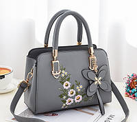 Качественная женская небольшая серая сумочка, сумка с вышитыми цветами, цветочками