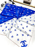 Шелковый брендовый платок Chanel диагональ 90*90 см синий ручная обработка края