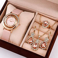 Женские часы Fanteeda с розовым ремешком из экокожи + набор бижутерии