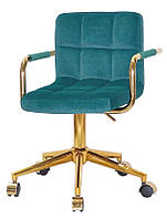 Кресло с подлокотниками Arno GD-Modern Office на золотой крестовине с колесами, с регулировкой высоты Бархат зеленый B-1003