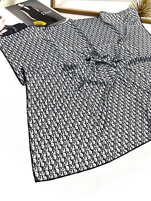 Шовкова брендова хустка Dior 90*90 см чорнно-білий ручна обробка краю, фото 1