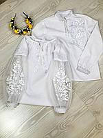 Вышиванка для девочки белым по белому праздничная льняная рукав гипюр, Нарядная блузка для девочки