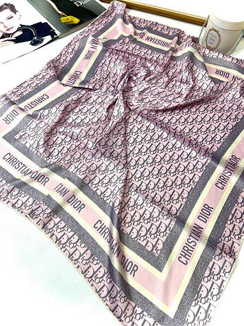 Шовкова брендова хустка Dior 90*90 см пудра ручна обробка краю, фото 1