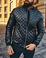 Куртка кожанка мужская утеплитель силикон черная осень весна, Куртка кожаная бомбер непромокаемая D0008 M