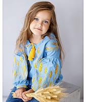 Молодежная симпатичная подростковая вышиванка для девочек с вышивкой колосков Голубая вышиванка на девочку 116