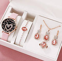 Женские часы Shaarms с розовым ремешком из экокожи + набор бижутерии