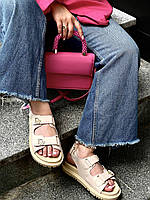 Женские босоножки Dior Slippers Beige Gold logo (бежевые) модные красивые открытые сандалии на липучках D031