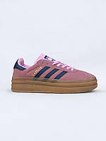 Женские кроссовки Adidas Gazelle Pink (розовые с синим) стильные повседневные кеды на платформе 7566 mood