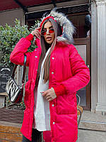 Куртка удлиненная женская, плащевка синтепон 250, подкладка, опушка эко-мех енот (красный, белый) размер 42-46