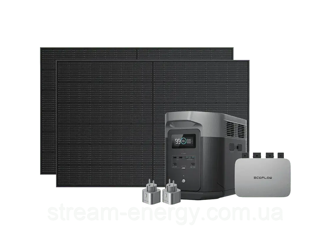 Комплект енергонезалежності EcoFlow PowerStream - мікроінвертор 600W + зарядна станція Delta Max 2000 + 2 x 400W стаціонарні соняч