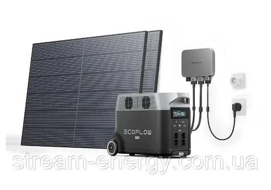 Комплект енергонезалежності EcoFlow PowerStream - мікроінвертор 600W + зарядна станція Delta Pro + 2 x 400W стаціонарні сонячні па