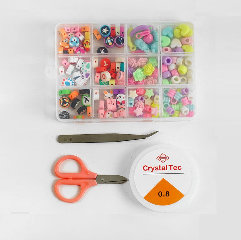 Набір бісеру С 58277, в пеналі, намистинки, ножиці, волосінь/ліска, для дитячої творчості, фенечки, плетіння браслетів, фото 1