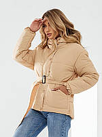 Куртка демісезона жіноча на поясі батал арт. 332 персиковий беж/ беж