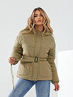 Куртка демісезона жіноча на поясі батал арт. 332 колір оливковий/ оливка/ олива