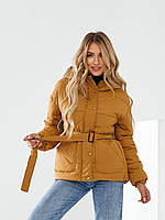 Куртка демісезона жіноча на поясі батал арт. 332 колір гірчичний/ гірчиця