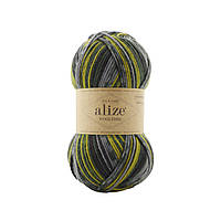 Пряжа Alize Wooltime (Вуллтайм) 11019 зеленый меланж (носочная, нитки для вязания, полушерсть)