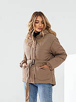Куртка демісезона жіноча на поясі батал арт. 332 колір коричневий/ кава з молоком