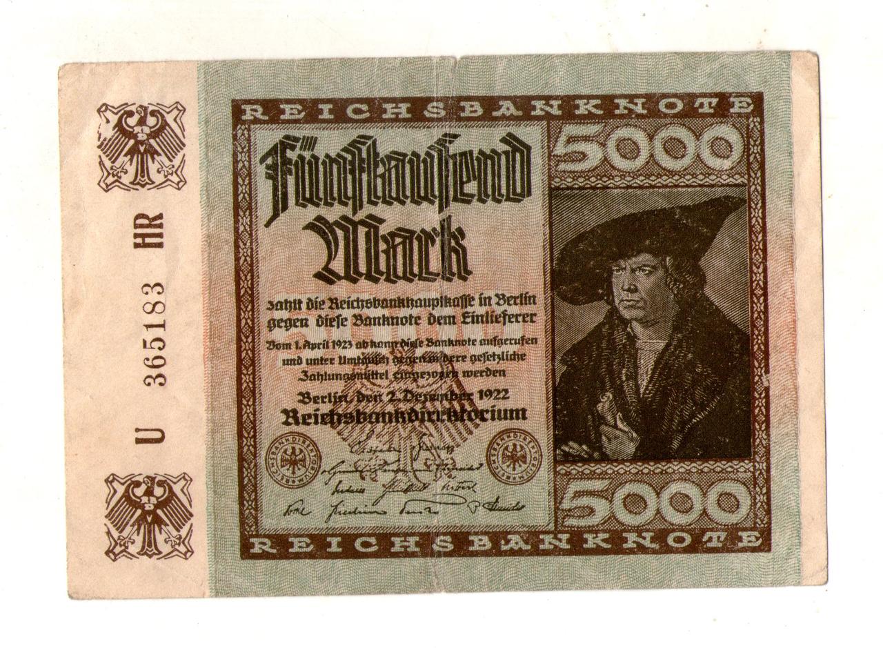 Німеччина - Германия Веймарська республіка 5000 марок 1922 рік №243, фото 1