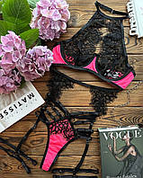 Женское сексуальное белье с кружевом комплект 3 в 1 черный + розовый бюстгальтер + трусики + пояс з гартерами