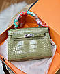Жіноча зелена шкіряна лакована сумка Hermes Mini Міні Гермес у сріблі під шкіру крокодила 20 см Эрмес Ерме, фото 7