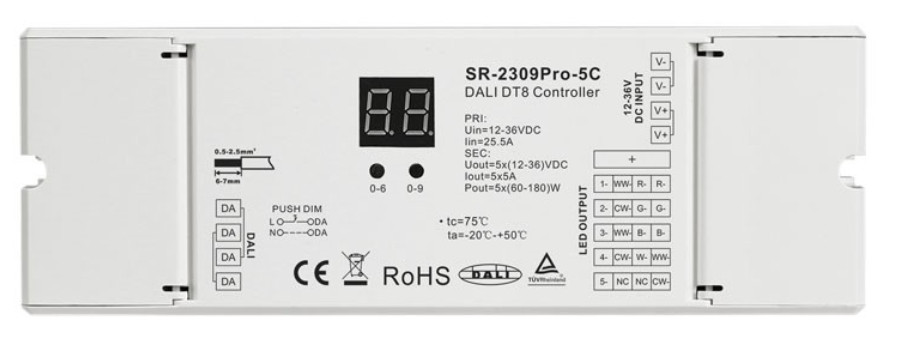 Багатоадресний світлодіодний контролер PRO SR-2309PRO-5C DALI DT8 5 каналів по 5 А SUNRICHER 19043