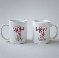 Чашка белая керамическая с милым крутым оригинальным принтом Super Mom 330 мл на подарок для любимой мамы