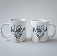 Чашка белая из керамики с классным красивым рисунком и надписью Super Mom 330 мл на подарок для лучшей мамы