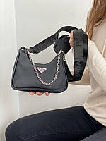 Женская мини сумка Prada Re-edition mini black (черная) арт 6002 маленькая изящная гламурная сумочка Прада