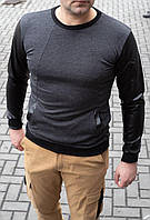 Серый мужской свитшот с кожаными рукавами M