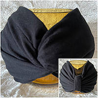 Объёмная повязка-чалма-бант двухсторонняя из хлопкового трикотажа чёрная плотная х/б 53-55
