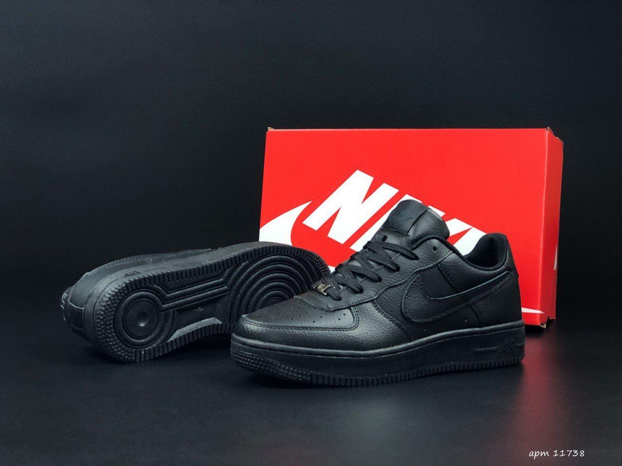 Кросівки чоловічі Nike Air Force Найк Аїр Форс чорні модні бігові кросівки шкіра