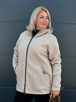 Куртка жіноча весна осінь шерсть букле с капюшоном большие размеры Бежевый, 52-54