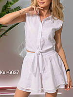 Костюм-сорочка та шорти літній молодіжний в білому кольорі прошва розмір універсальний 44-46