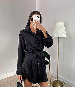Шовкове плаття-сорочка з поясом One size чорне