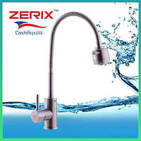 Нержавеющий однорычажный гибкий смеситель для кухни с гибким изливом душем из нержавейки ZERIX SUS-011