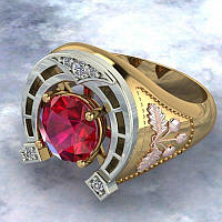 Кольцо золотая подкова на счастье с большим красным фианитом размер 19