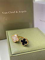 Брендовое двойное кольцо, стиль Ван Клиф с покрытием лимонного золота AU750, черно-белая клевер