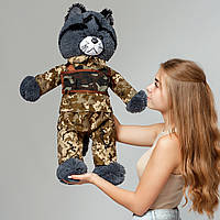 М'яка іграшка плюшевий Кіт темно-сірий ВСУ у військовій формі Подарунок для дівчини