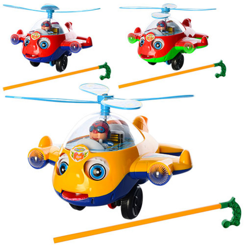 Дитяча іграшка каталка Вертоліт із пілотом на палиці, рухаються очі, рот, обертається пропелер