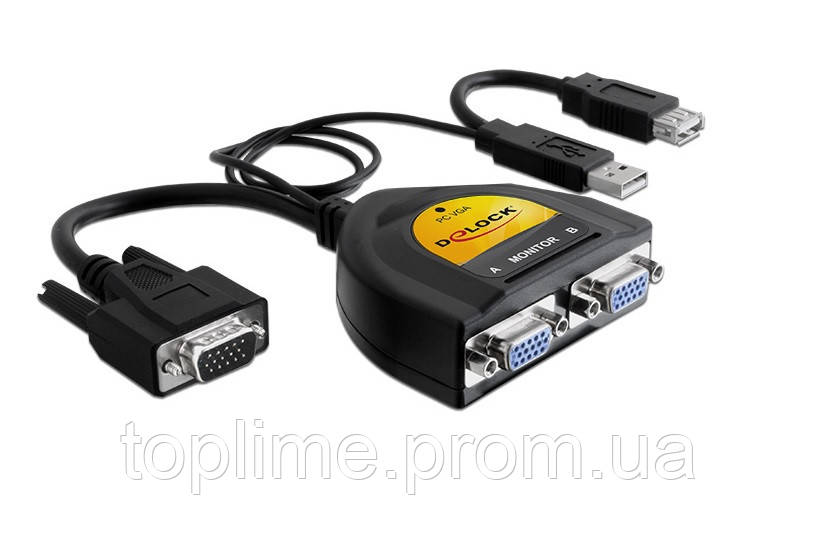 Перехідник моніторний Delock VGA HD15 1x2 (Splitter) Act 450MHz USBpower каскад чорний (70.06 TM, код: 7453432 - фото 1 - id-p1930655814