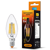 Лампа C37 6W E14 3000K 220V Filament LED Videx