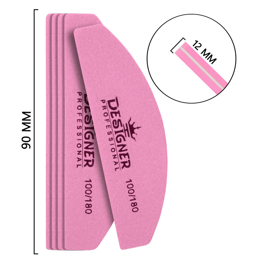 Баф-дуга Designer для полірування та шліфування нігтів (90 мм*12 мм) 100/180 Рожевий