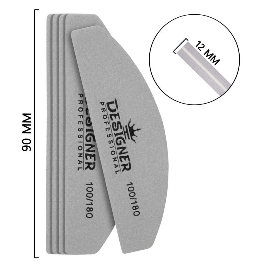 Баф-дуга Designer для полірування та шліфування нігтів (90 мм*12 мм) 100/180 Сірий