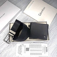 Набор из натуральной кожи черный мужской кошелек и кожаный ремень Calvin Klein в подарочной упаковке