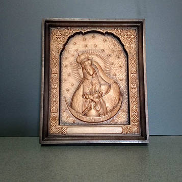 Ікона Остробрамська Божа Матір дерев'яна різьблена розмір 12.5 х 15 см. Код/Артикул 517